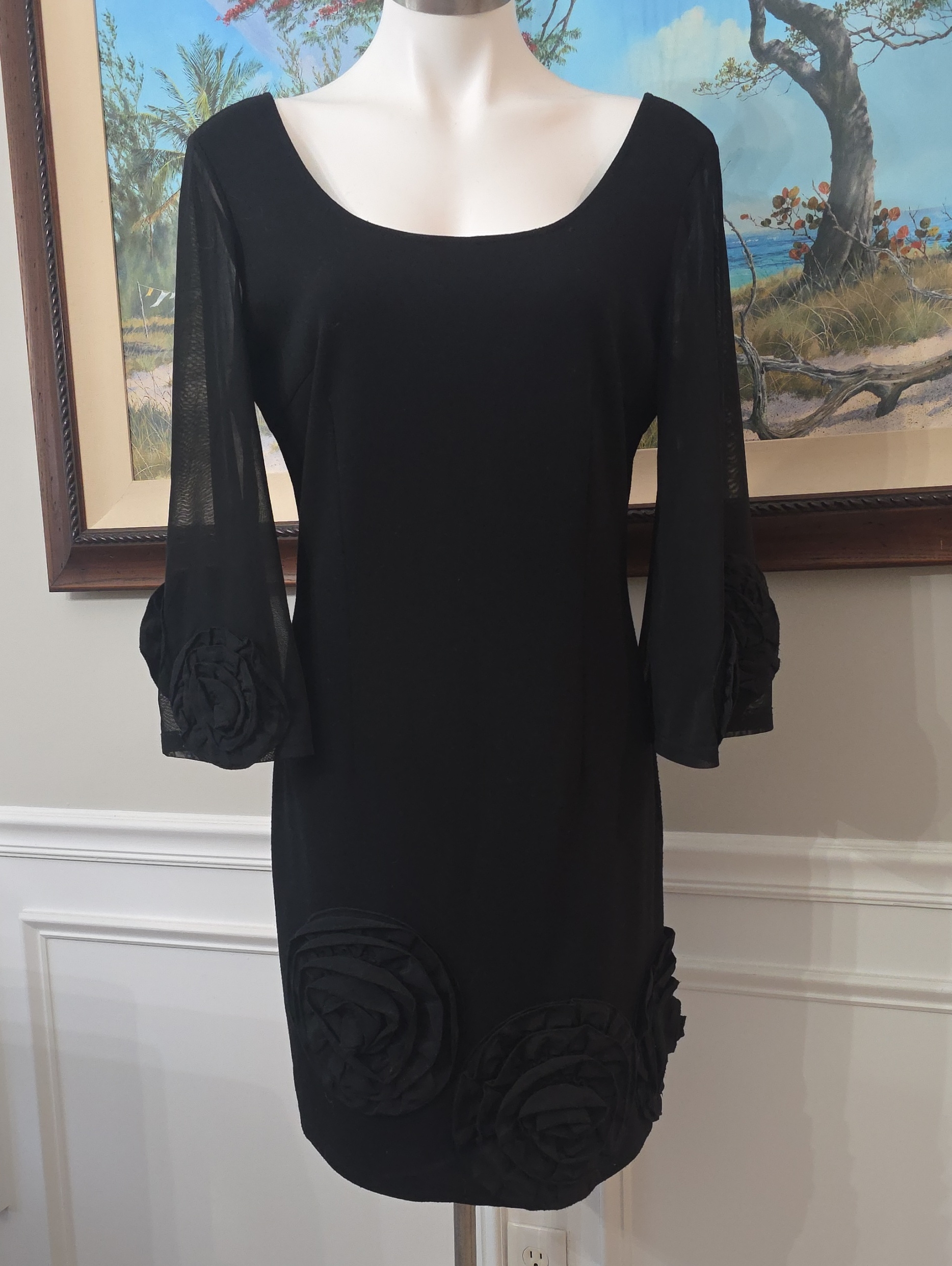 Black Mini Dress With Rose Appliqus And Sheer Sleeves